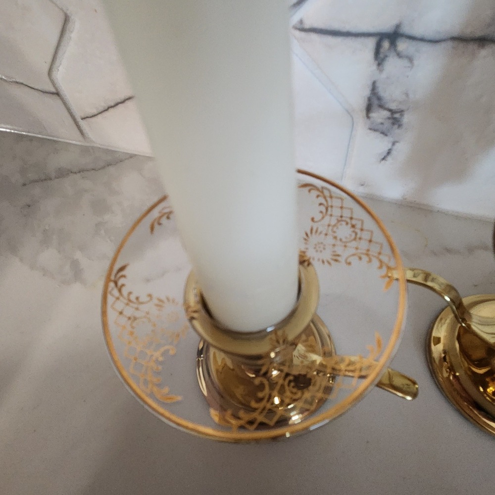 Set 2 Vintage Partylite Candlestick Holders With Gold Decal Glass Drip Catchers - Picture 3 of 9